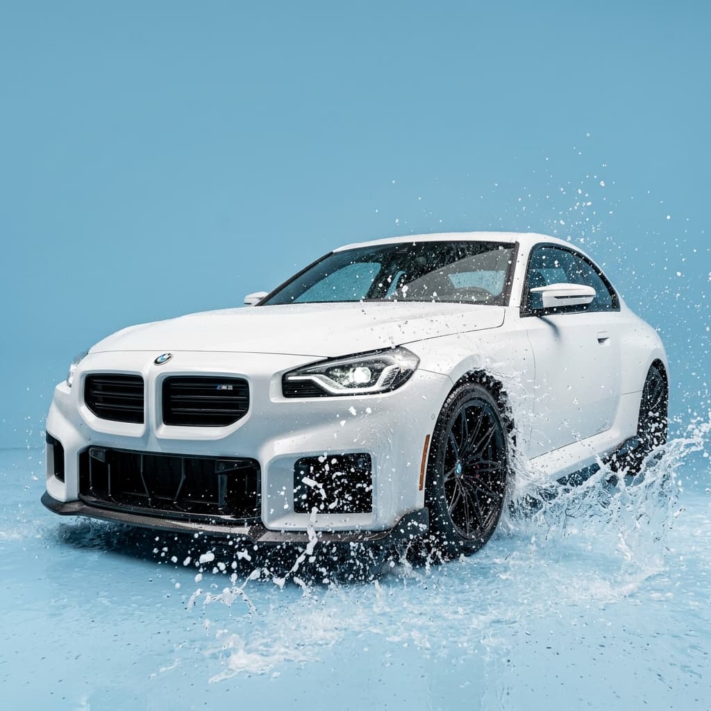 White BMW M2 Car with Water Splash Detailing