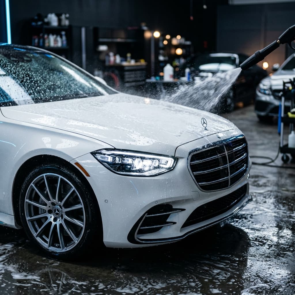 Cinematic Luxury White Sedan Detailing Studio Wash